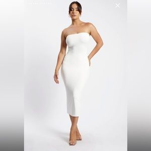 White strapless body on midi dress